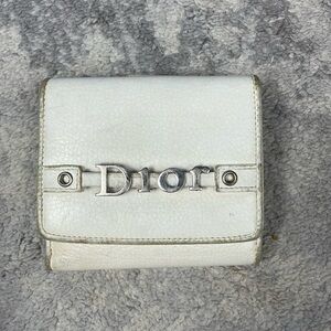 Vintage Christian Dior White Leather Compact Snap Wallet Floating Charm Logo